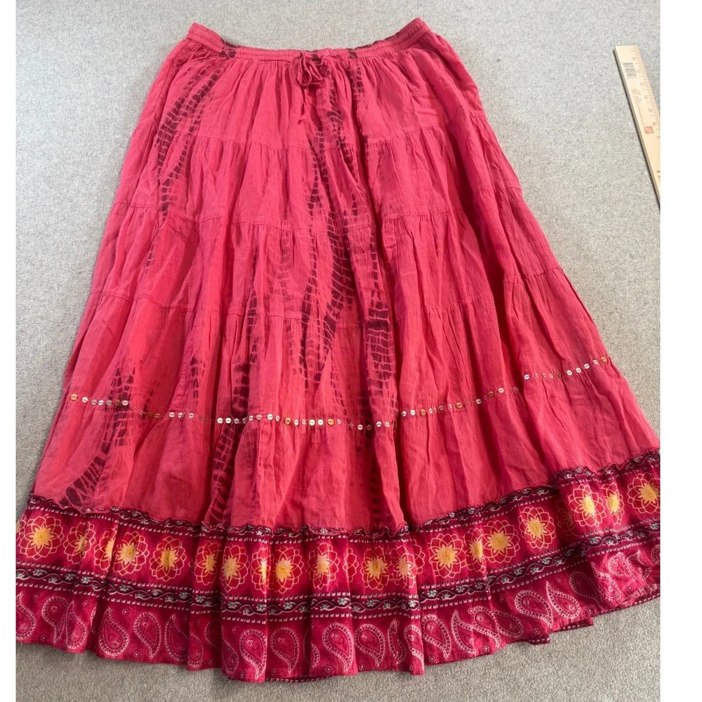 Kaktus‎ Tiered Maxi Skirt Women L Pink Excellent Tie Dye Boho Sequin Trim